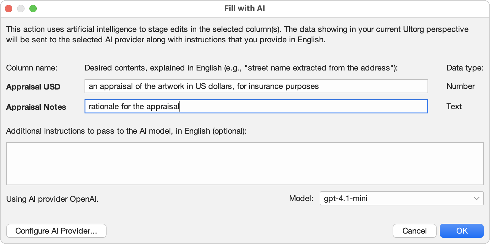 The Fill with AI dialog box, with instructions to populate the artwork appraisals related fields.