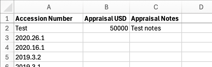 The shape of an Excel worksheet that is used for writing generated data in the artwork appraisals example.