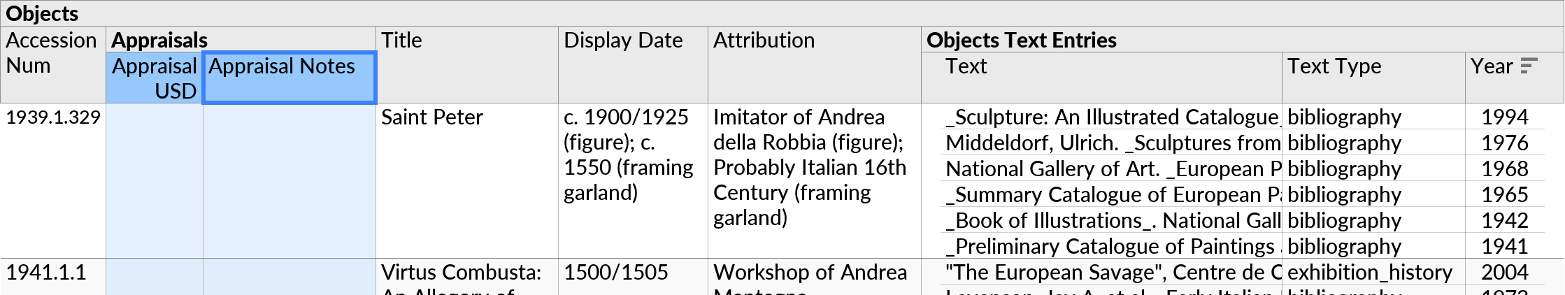 The 'Appraisal USD' and 'Appraisal Notes' fields selected under the 'Appraisals' subquery. Other fields are visible, including the other 'Objects Text Entries' subquery.