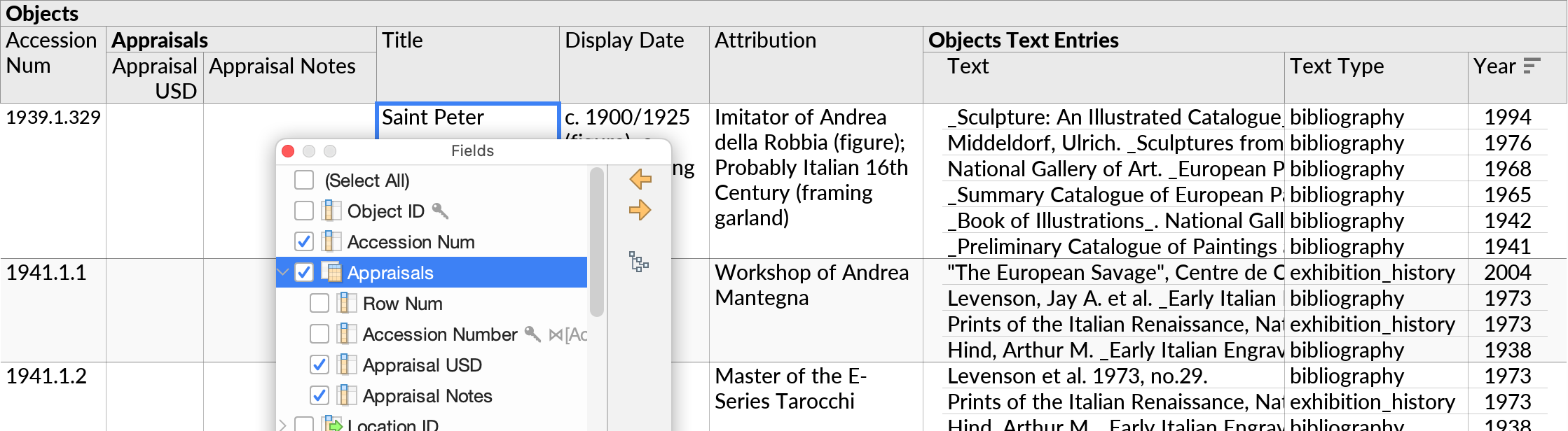 A table of artwork objects and a subquery with bibliographic entries for each, as well as an Appraisals subquery joined in to be filled in. The Fields popup is open for illustration purposes.