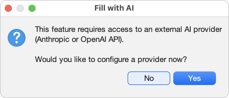The dialog box that prompts the user whether to configure an AI provider.