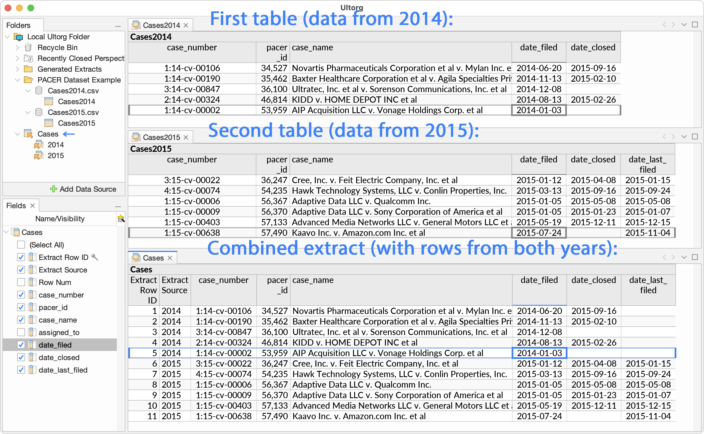 Two tables of data, from the same data set but from different years, and a resulting combined extract that includes all of the rows from both input tables.