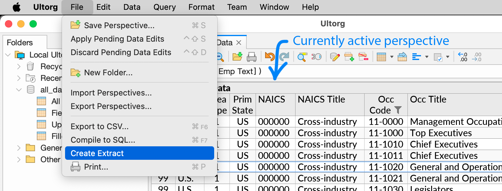 The Create Extract action in the File menu, used to create a new extract from the currently open perspective..