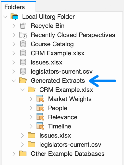 The Generated Extracts folder in the Folders sidebar, expanded to show a few sub-folders that contain extracts for particular data sources.
