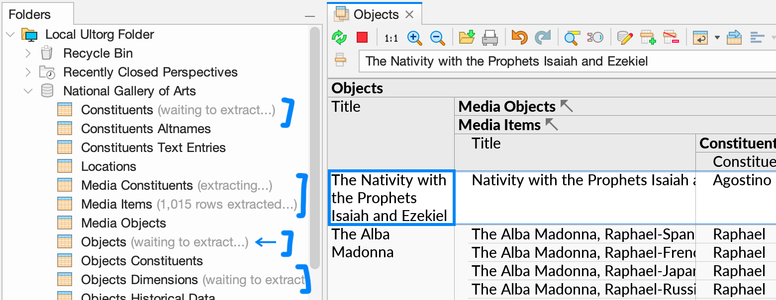 The Fields sidebar showing extract loading indications on several data tables. The extract loading operations were caused by the local query execution feature, for the purposes of refreshing the currently open perspective (parts of which is shown here).