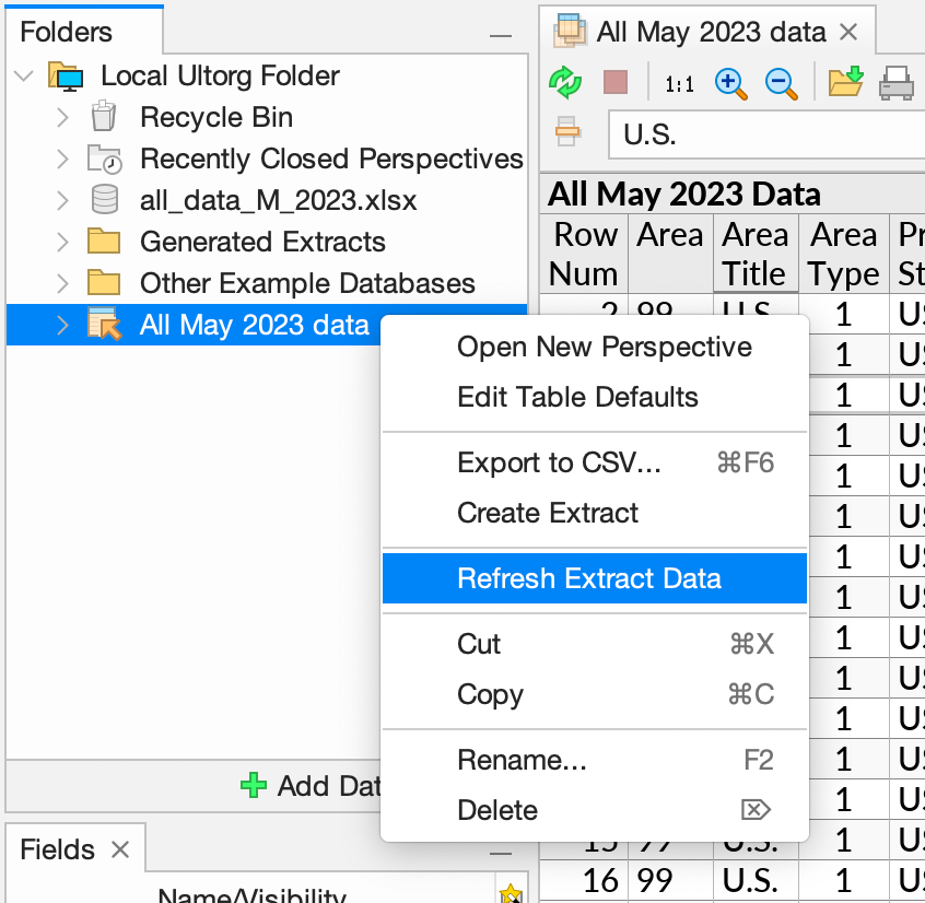 The Refresh Extract action in the context menu of a data extract in the Folders sidebar.