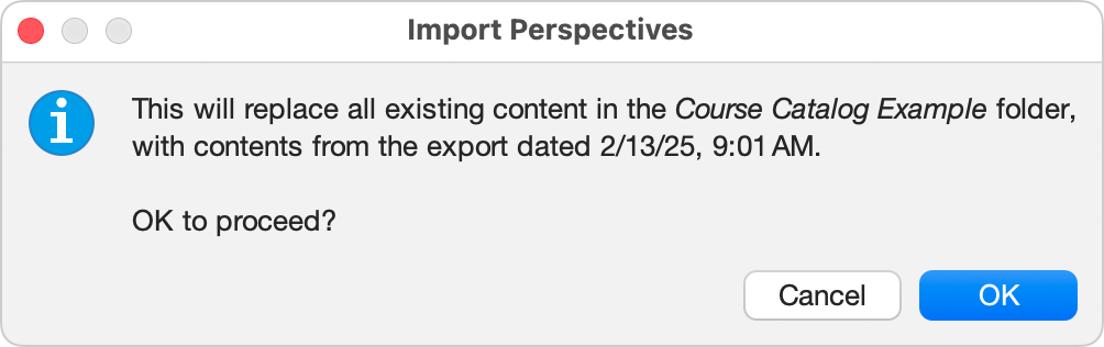The prompt that appears if imported perspectives would overwrite a folder with the same name, likely from a previous import of the same file.