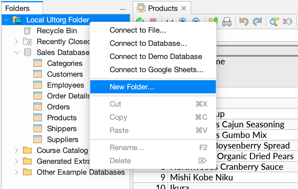 The New Folder action in the context menu of the Folders sidebar.