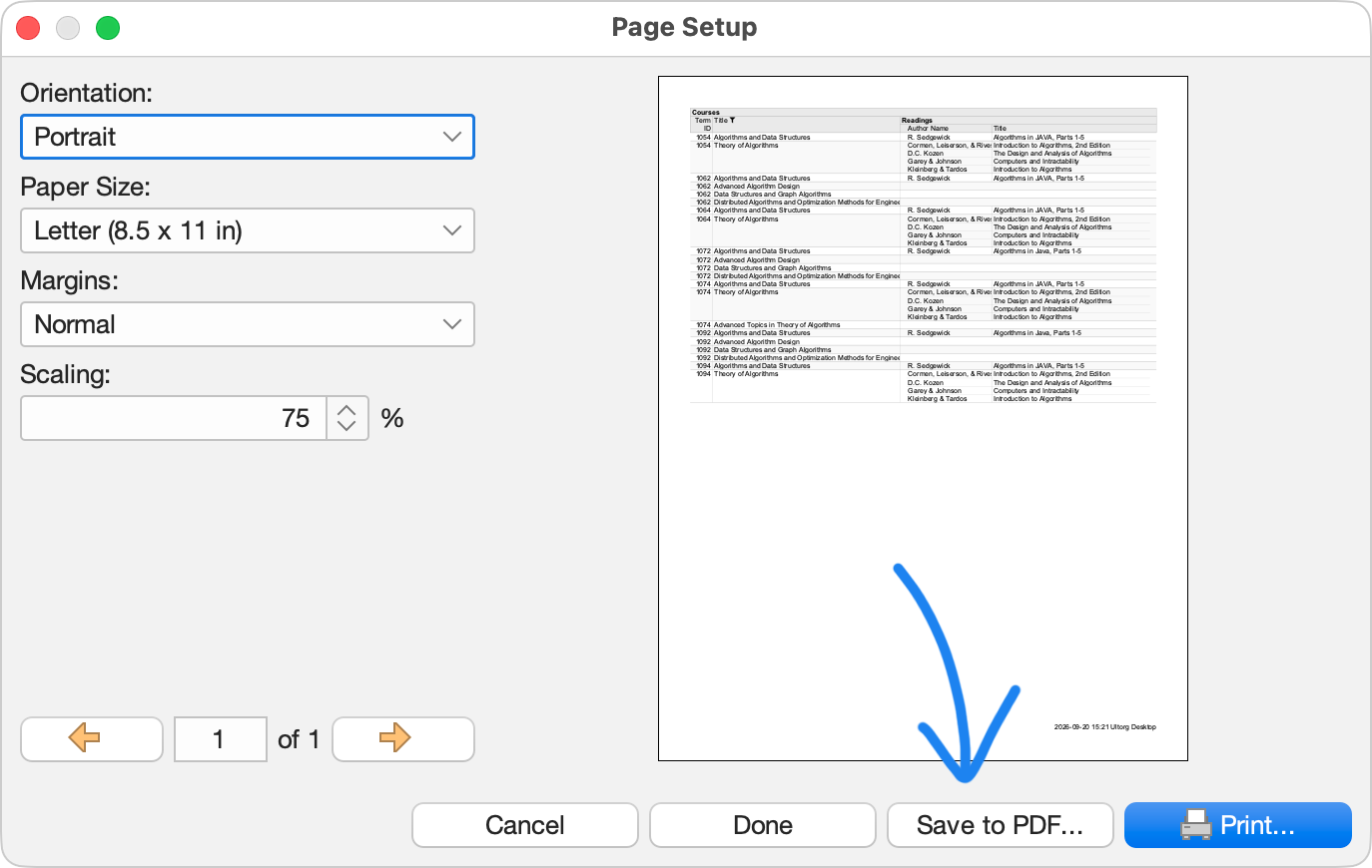The Page Setup dialog with the Save to PDF button highlighted.