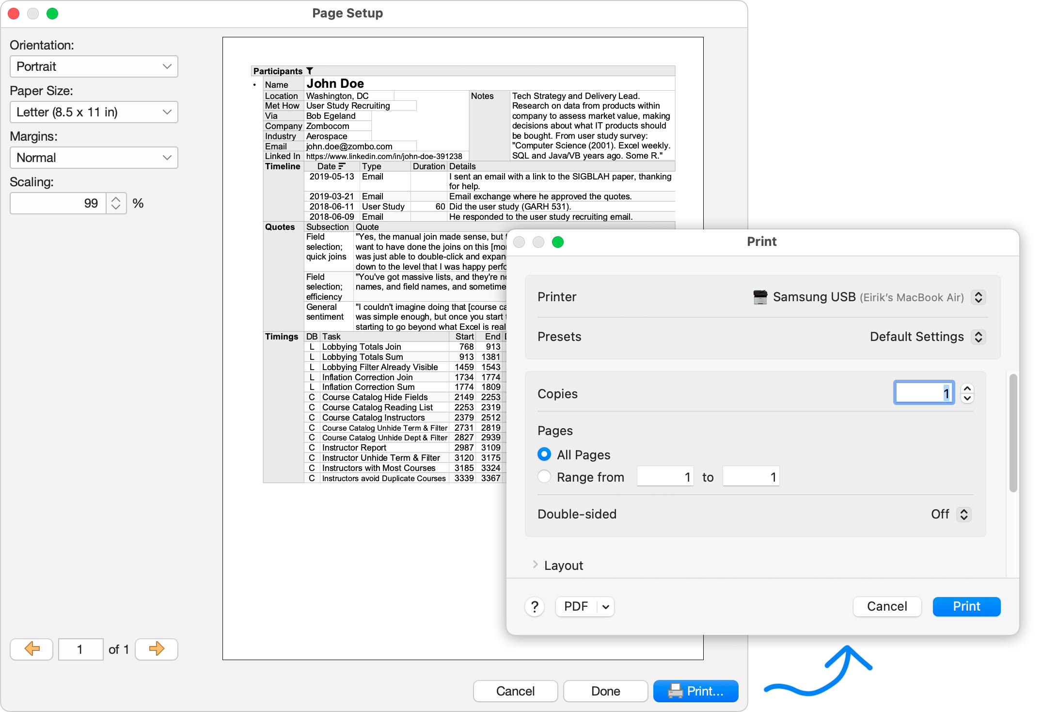 The Page Setup dialog, showing a preview of the perspective layout to be printed, and the operating system's own Print dialog that appears when the Print button is pressed.