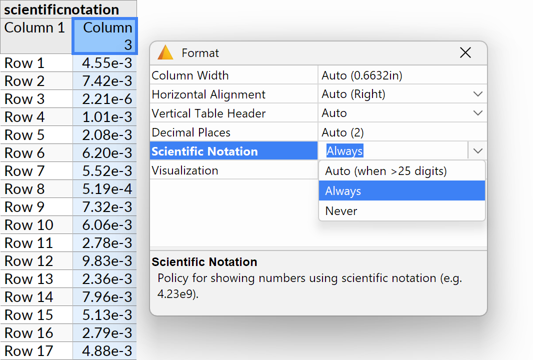 Screenshot showing the Scientific Notation option for number formatting.