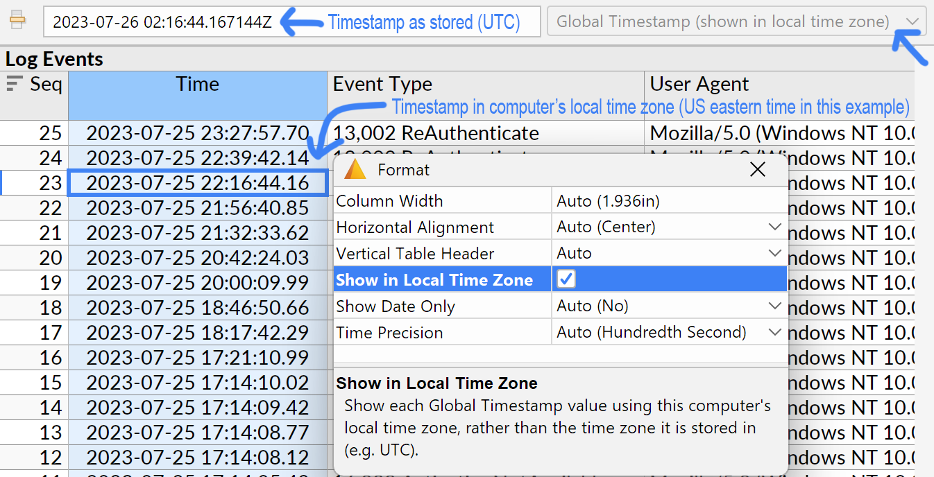 Screenshot showing the Show in Local Time Zone formatting option.