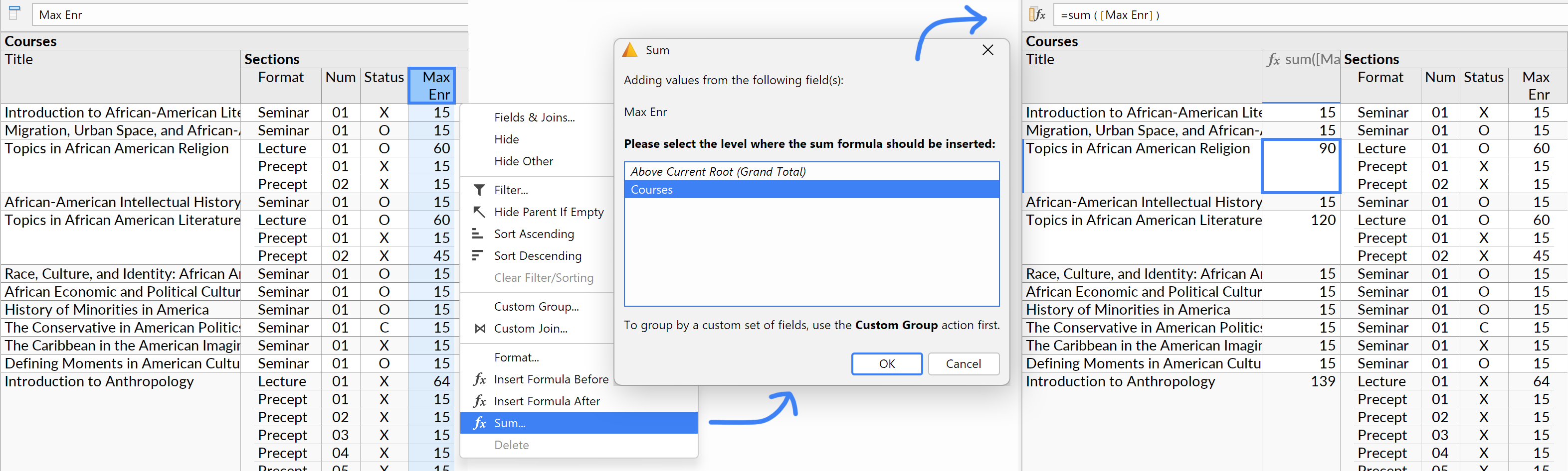 Screenshots showing the shortcut action to create a Sum formula.