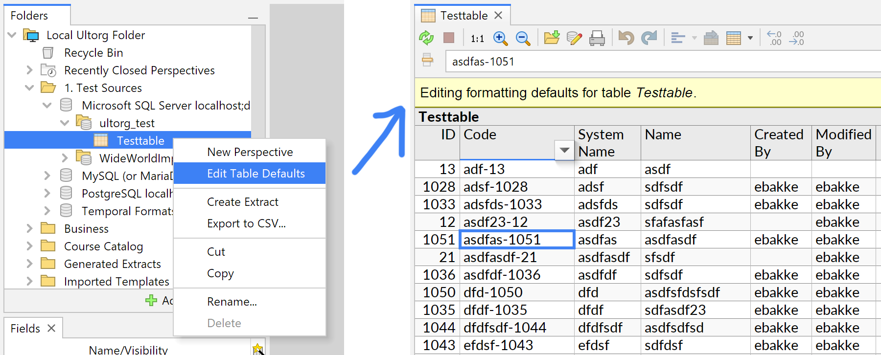 Screenshot showing the Edit Table Defaults action.