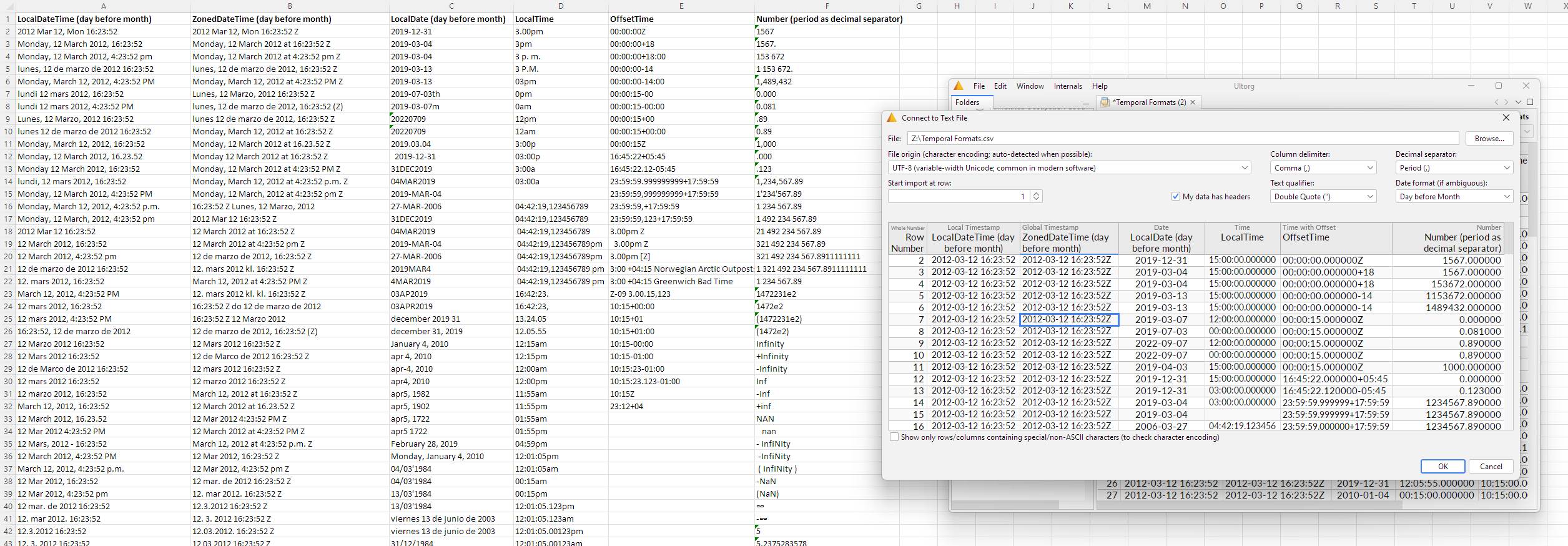 Screenshot of Ultorg parsing a CSV file with many different date and time formats.