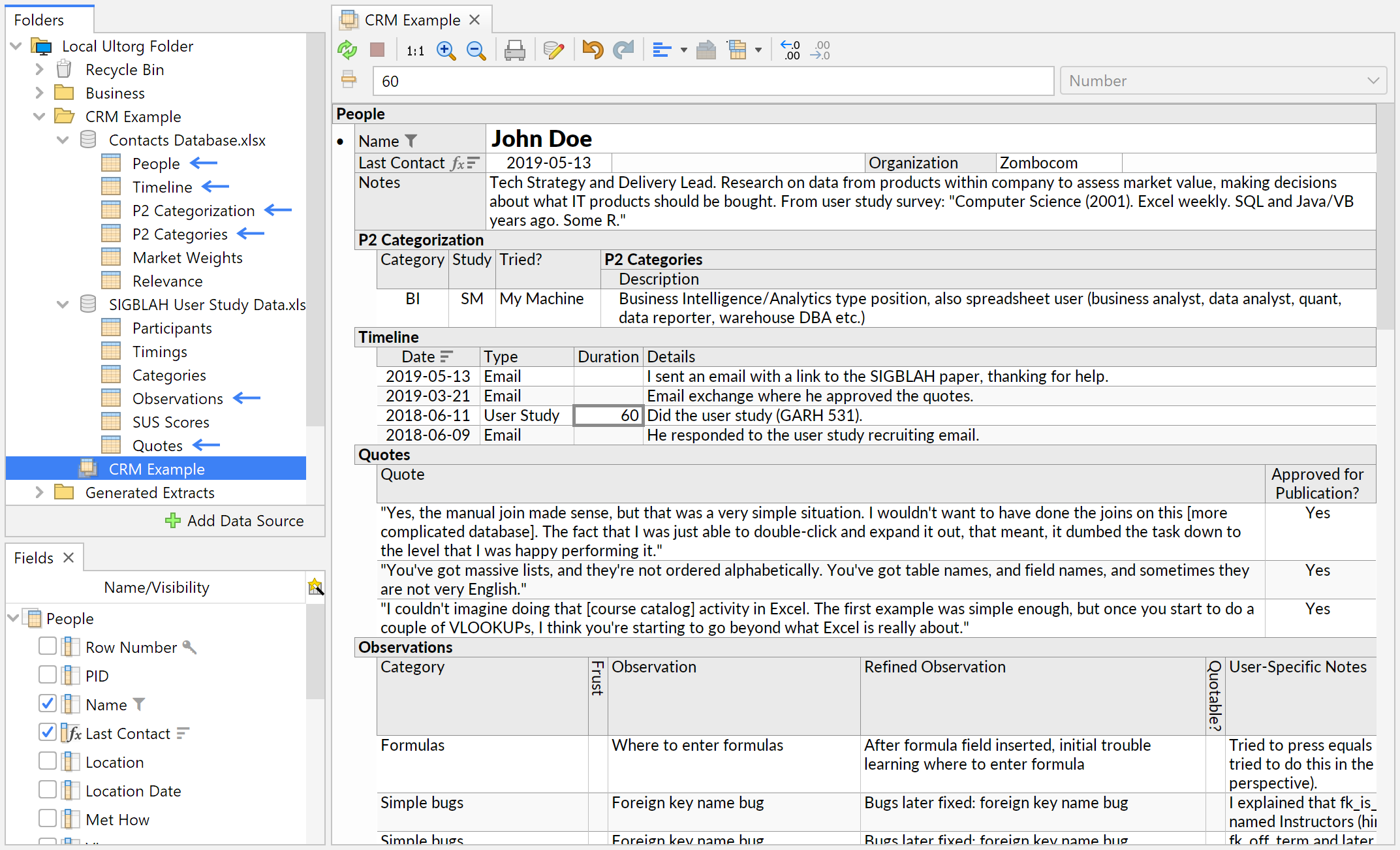 Screenshot of Ultorg combining data from many tables, and two data sources, into a single form-like view